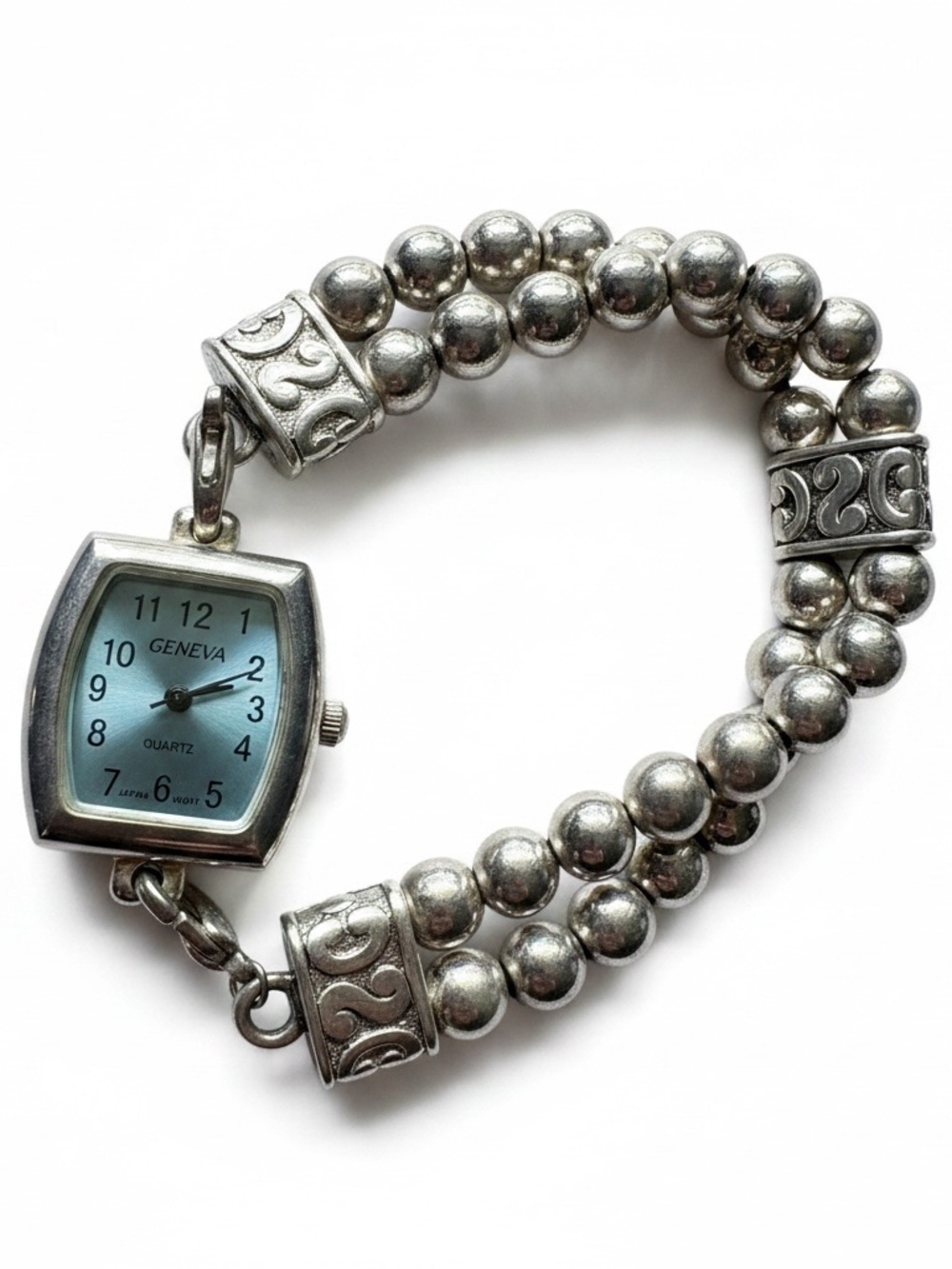 Y2K Geneva Silver Stretch Bracelet Watch Boho Beaded Wristwatch